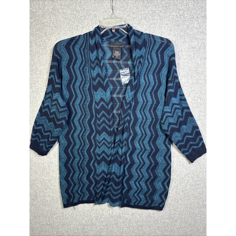 NWOT Attention Womens Cardigan Sweater Large 3/4 Sleeve Knit Open Blue Tie